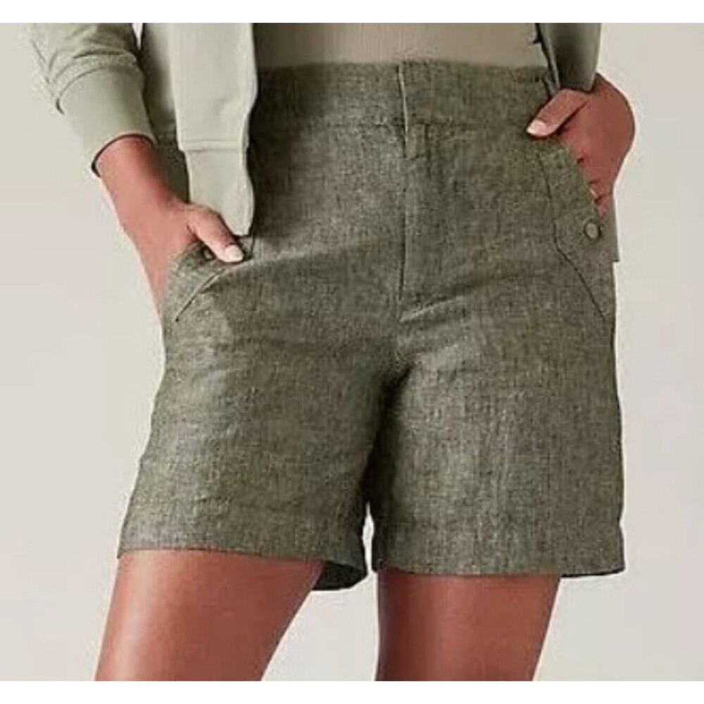 Athleta Voyager 100% Linen Shorts Size 6 Grey Utility Minimalist Preppy Travel